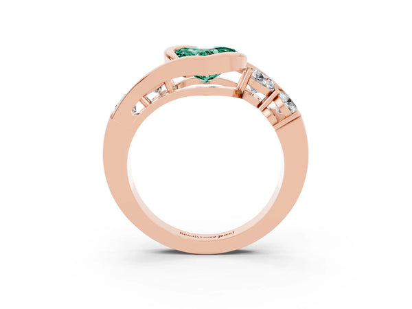 Rose gold Bezel Set Heart Cut Green Sapphire Bypass Ring with Round  Accents