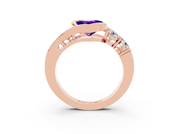 Rose gold Bezel Set Heart Cut Tanzanite Bypass Ring with Round  Accents