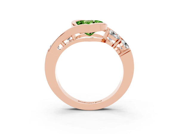 Rose gold Bezel Set Heart Cut Peridot Bypass Ring with Round  Accents