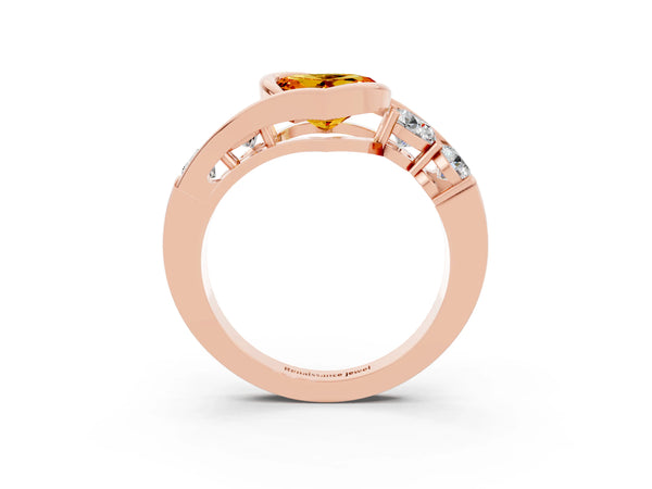 Rose gold Bezel Set Heart Cut Citrine Bypass Ring with Round  Accents
