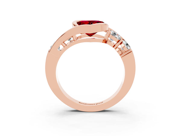 Rose gold Bezel Set Heart Cut Ruby Bypass Ring with Round  Accents