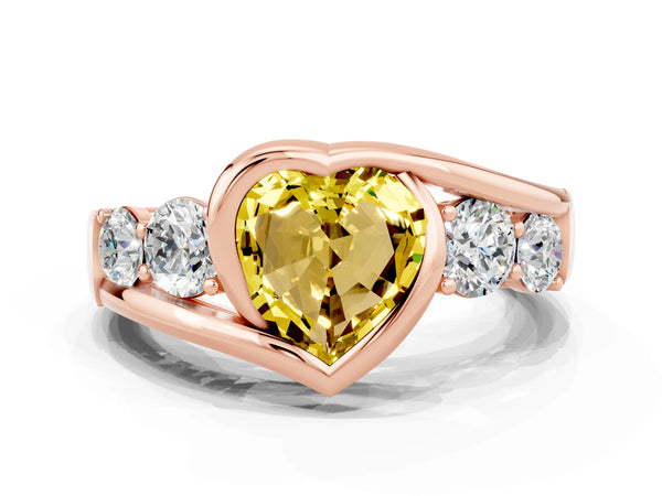 Rose gold Bezel Set Heart Cut Yellow Sapphire Bypass Ring with Round  Accents