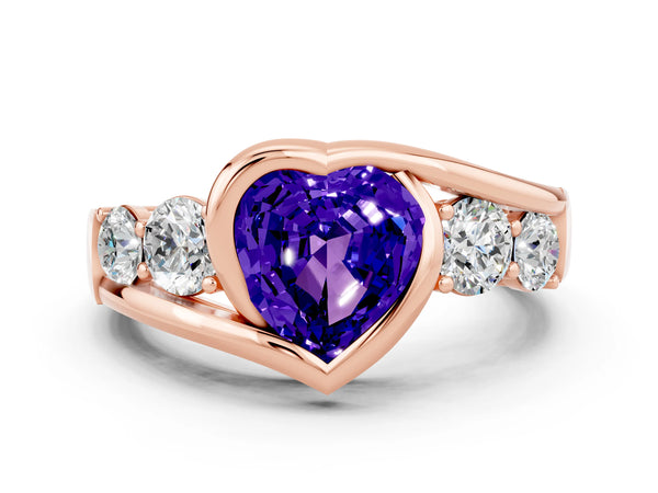 Rose gold Bezel Set Heart Cut Tanzanite Bypass Ring with Round  Accents