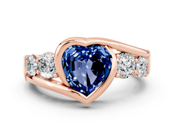 Rose Gold Heart-Shaped Lab-Grown Blue Sapphire Bezel Bypass Engagement Ring with Side Stones