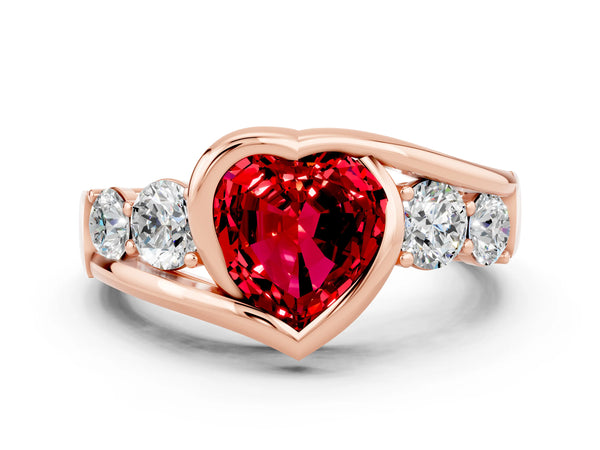 Rose gold Bezel Set Heart Cut Ruby Bypass Ring with Round  Accents
