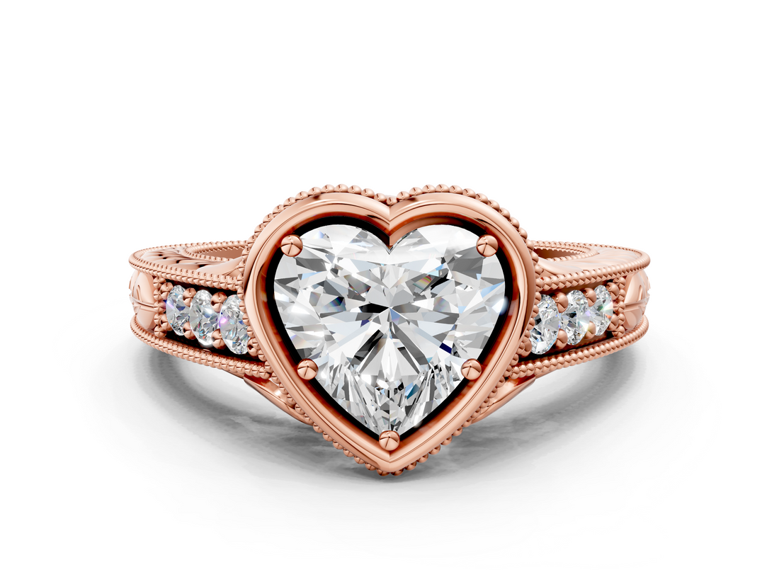 Rose gold Bezel Set Heart Diamond Milgrain Pave Engagement Ring_37