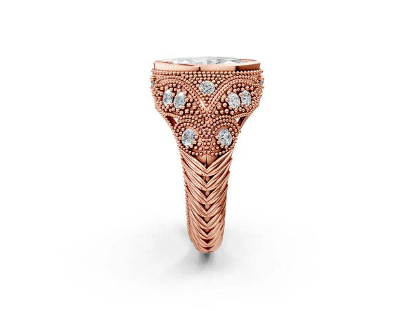 Rose Gold Marquise Vintage Bezel Engagement Ring Setting with Beaded Milgrain Shoulders