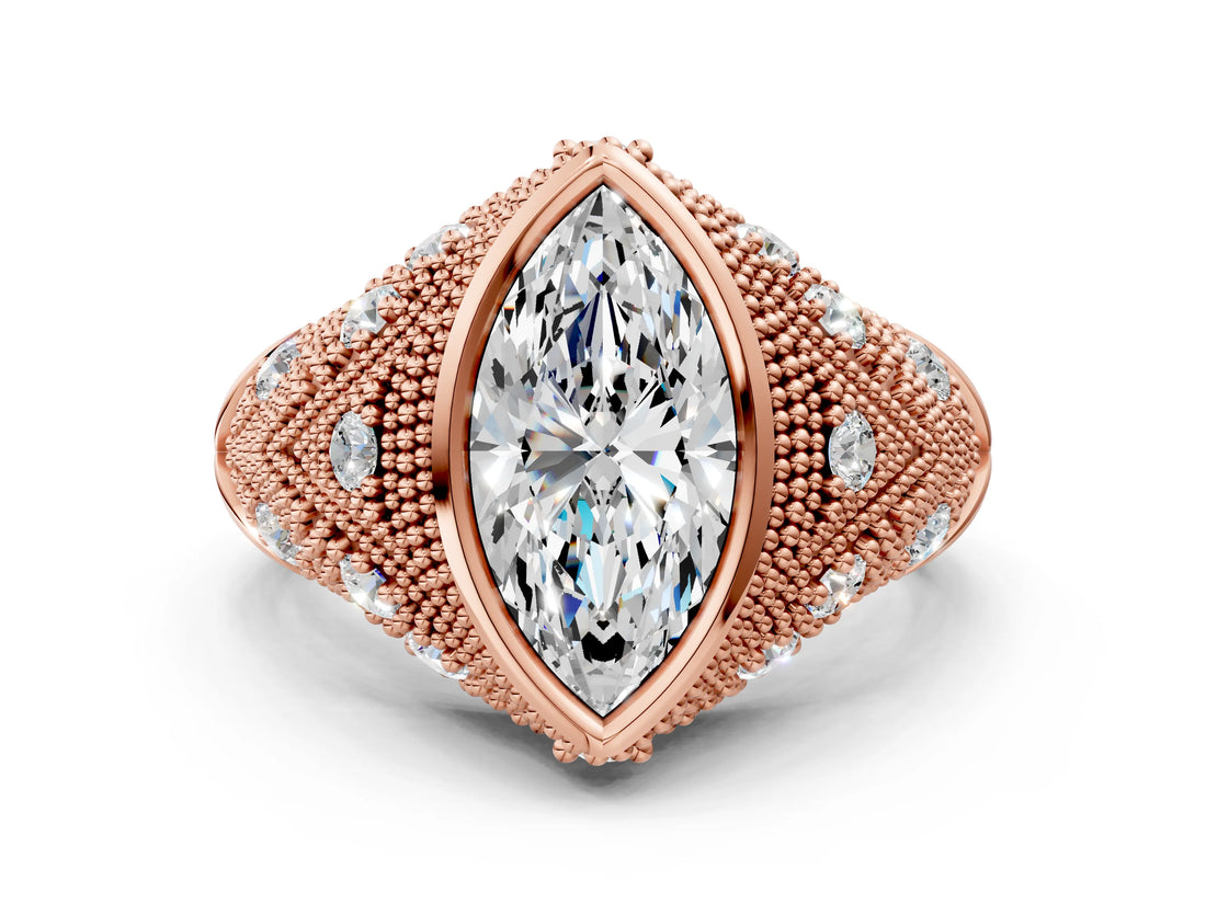 Rose gold Bezel Set Marquise Cut Diamond Milgrain Band Ring_9