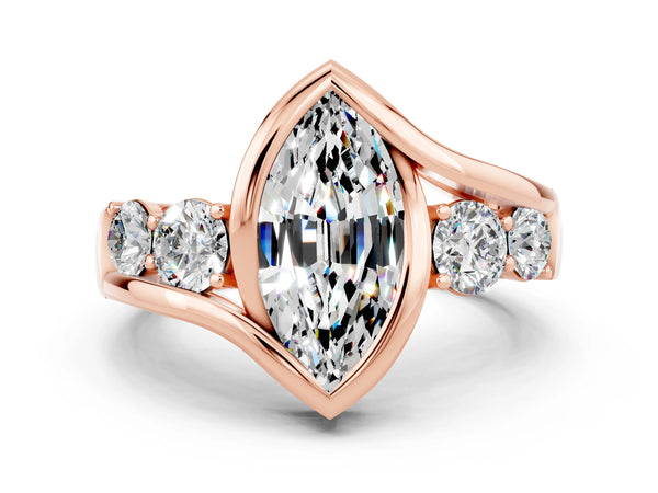 Rose gold Bezel Set Marquise Cut Moissanite Bypass Ring with Round  Accents