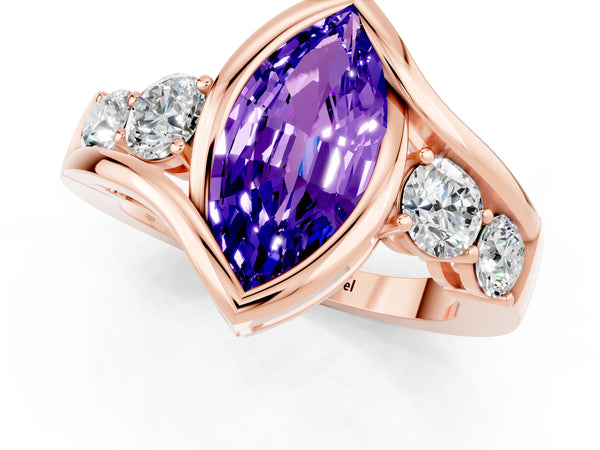 Rose gold Bezel Set Marquise Cut Tanzanite Bypass Ring with Round  Accents