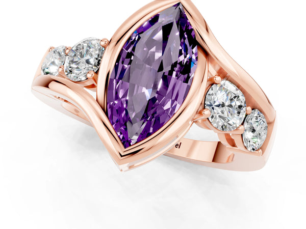 Rose gold Bezel Set Marquise Cut Amethyst Bypass Ring with Round  Accents