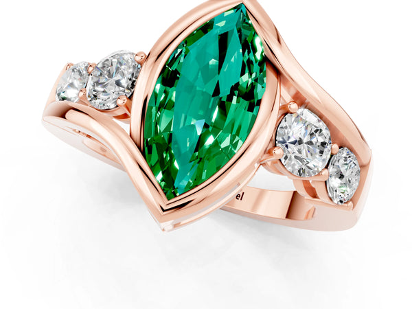 Rose gold Bezel Set Marquise Cut Emerald Bypass Ring with Round  Accents
