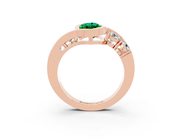 Rose gold Bezel Set Marquise Cut Emerald Bypass Ring with Round  Accents