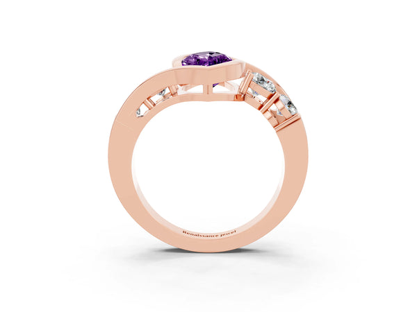 Rose gold Bezel Set Marquise Cut Amethyst Bypass Ring with Round  Accents