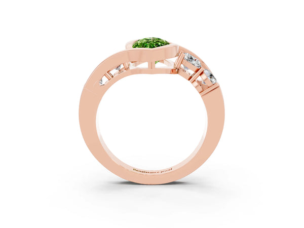 Rose gold Bezel Set Marquise Cut Peridot Bypass Ring with Round  Accents