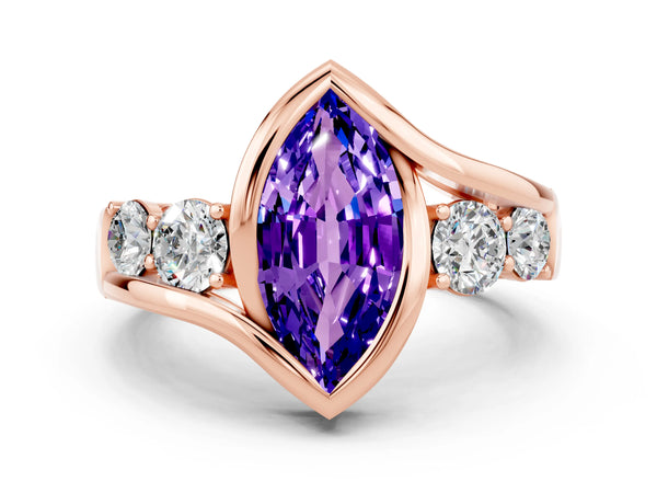 Rose gold Bezel Set Marquise Cut Tanzanite Bypass Ring with Round  Accents