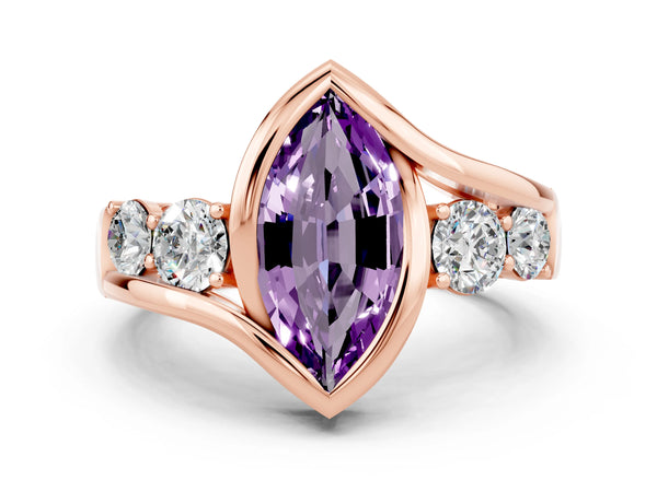 Rose gold Bezel Set Marquise Cut Amethyst Bypass Ring with Round  Accents