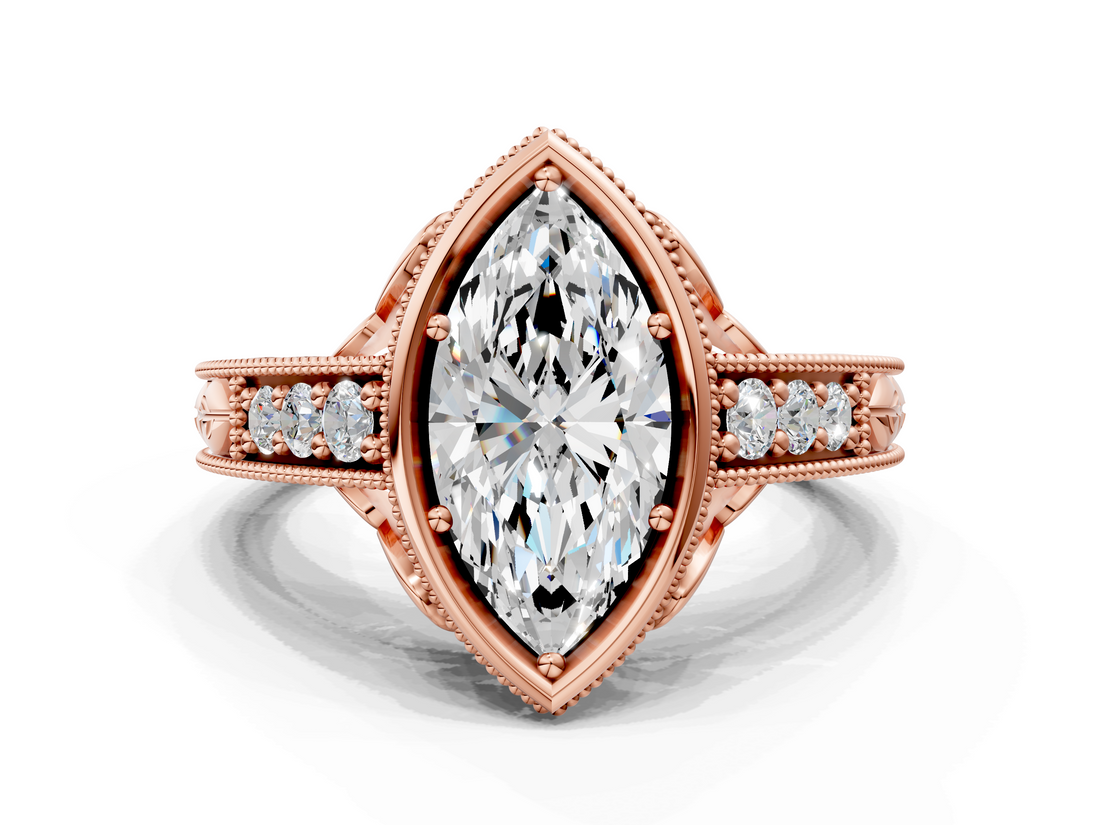 Rose gold Bezel Set Marquise Diamond Milgrain Pave Engagement Ring_37