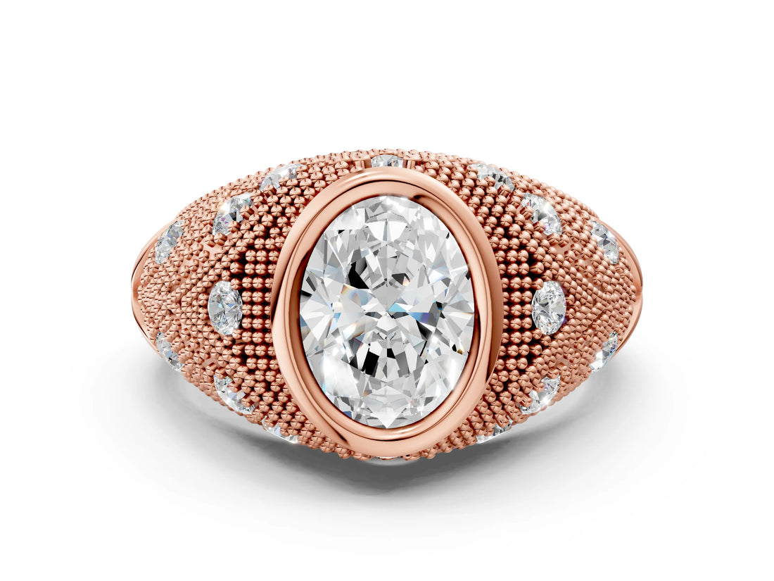Rose gold Bezel Set Oval Cut Diamond Milgrain Band Ring_9
