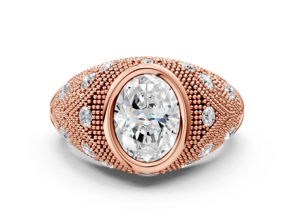 Rose Gold Oval Vintage Bezel Engagement Ring Setting with Beaded Milgrain Shoulders