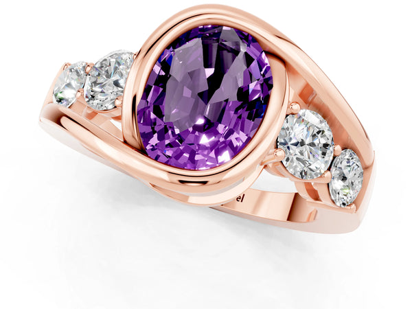 Rose gold Bezel Set Oval Cut Amethyst Bypass Ring with Round  Accents