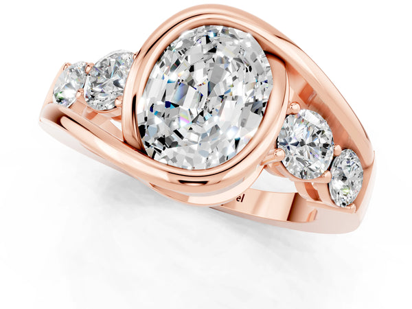 Rose gold Bezel Set Oval Cut Moissanite Bypass Ring with Round  Accents