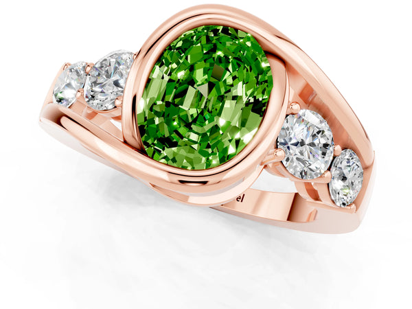 Rose gold Bezel Set Oval Cut Peridot Bypass Ring with Round  Accents