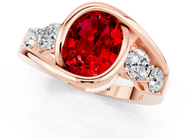 Rose gold Bezel Set Oval Cut Ruby Bypass Ring with Round  Accents