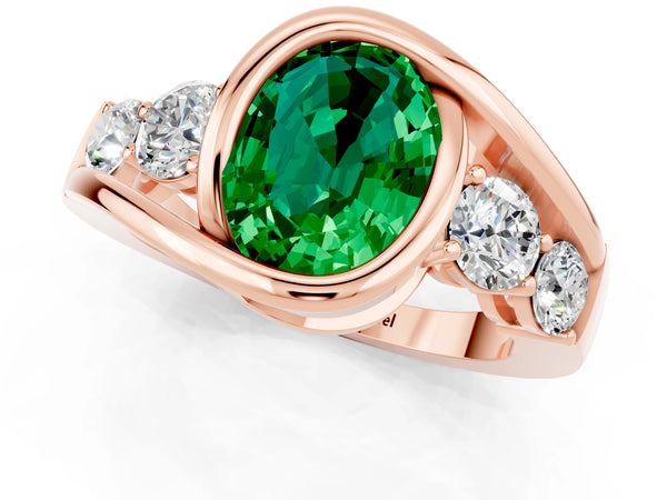 Rose gold Bezel Set Oval Cut Emerald Bypass Ring with Round  Accents