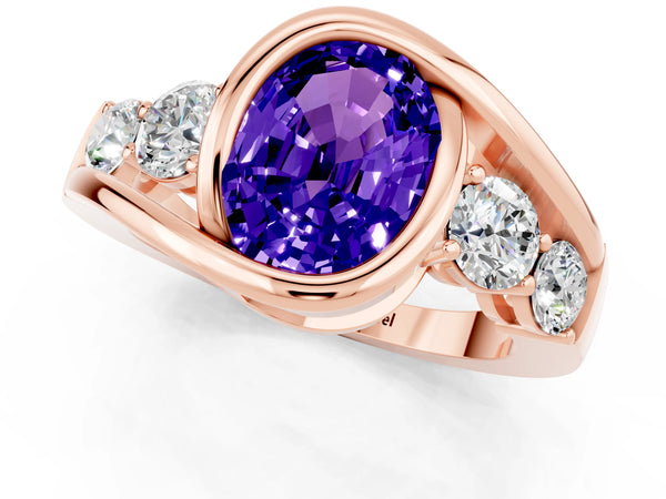 Rose gold Bezel Set Oval Cut Tanzanite Bypass Ring with Round  Accents