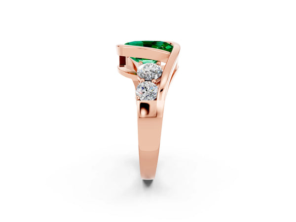 Rose gold Bezel Set Oval Cut Emerald Bypass Ring with Round  Accents