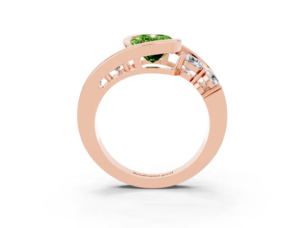 Rose gold Bezel Set Oval Cut Peridot Bypass Ring with Round  Accents