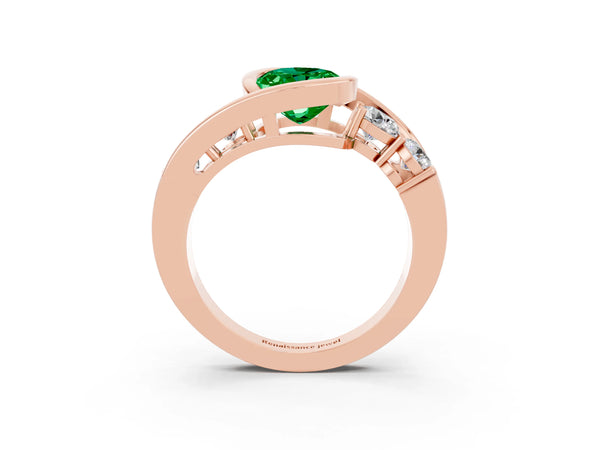 Rose gold Bezel Set Oval Cut Emerald Bypass Ring with Round  Accents