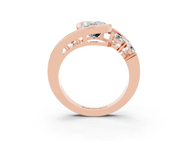 Rose gold Bezel Set Oval Cut Moissanite Bypass Ring with Round  Accents