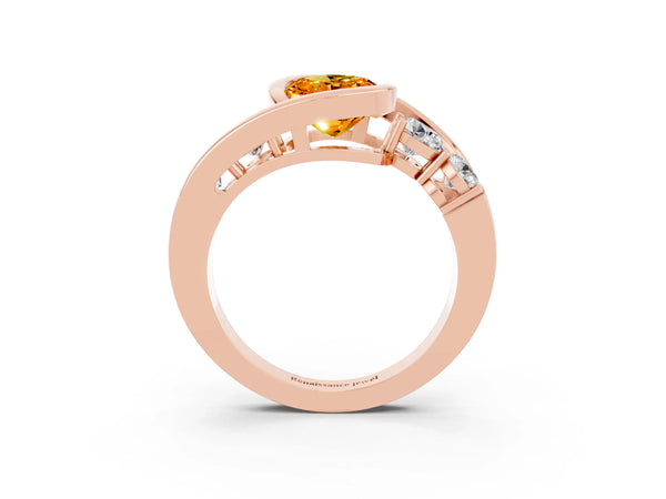 Rose gold Bezel Set Oval Cut Citrine Bypass Ring with Round  Accents