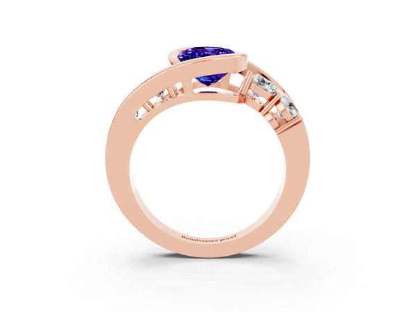 Rose gold Bezel Set Oval Cut Tanzanite Bypass Ring with Round  Accents
