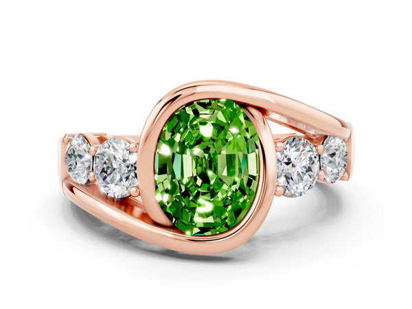 Rose gold Bezel Set Oval Cut Peridot Bypass Ring with Round  Accents