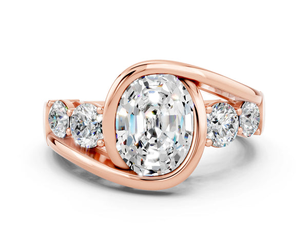 Rose gold Bezel Set Oval Cut Moissanite Bypass Ring with Round  Accents