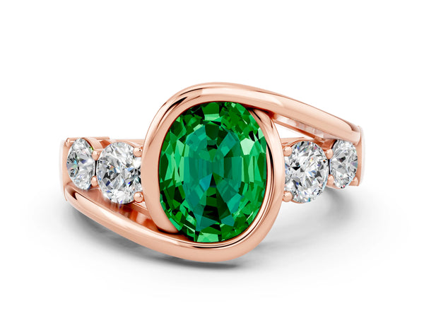 Rose gold Bezel Set Oval Cut Emerald Bypass Ring with Round  Accents