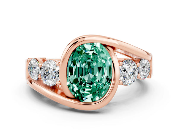 Rose gold Bezel Set Oval Cut Green Sapphire Bypass Ring with Round  Accents