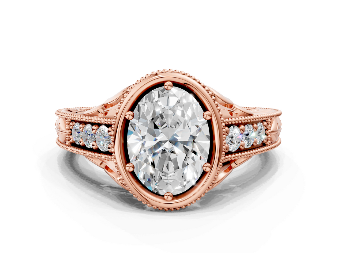 Rose gold Bezel Set Oval Diamond Milgrain Pave Engagement Ring_34