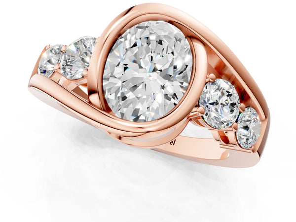 Rose Gold Oval Bezel Bypass Engagement Ring Setting with Round Side Accents