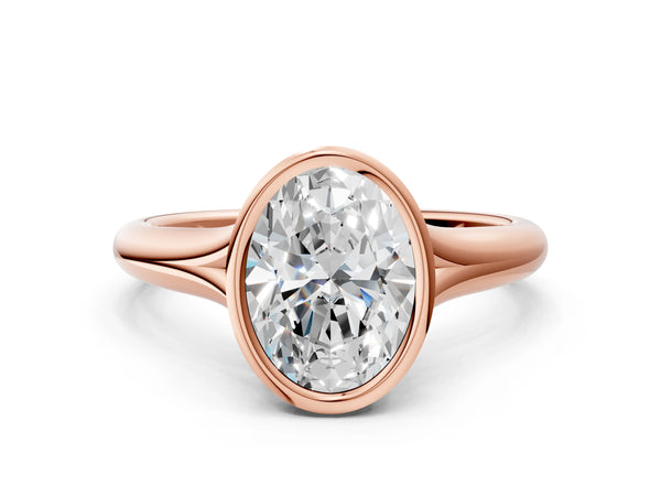 Rose gold Bezel Set Oval Solitaire Diamond Ring with Smooth Band