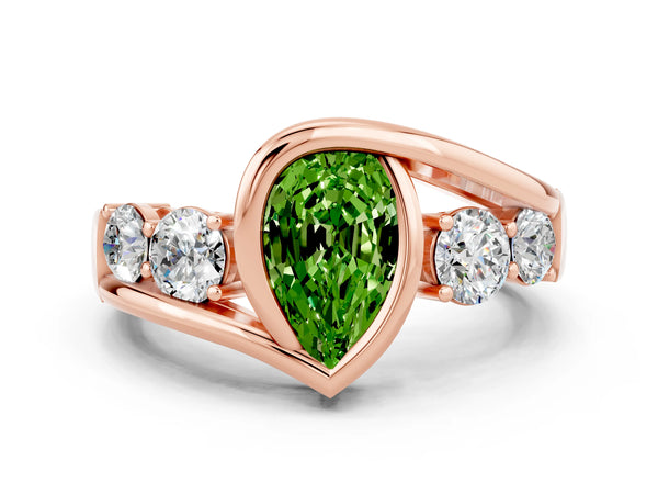 Rose gold Bezel Set Pear Cut Peridot Bypass Ring with Round  Accents