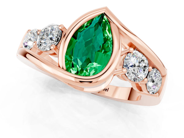 Rose gold Bezel Set Pear Cut Emerald Bypass Ring with Round  Accents