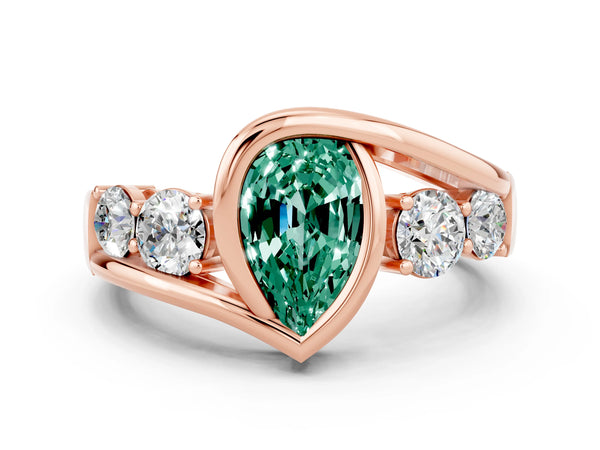 Rose gold Bezel Set Pear Cut Green Sapphire Bypass Ring with Round  Accents