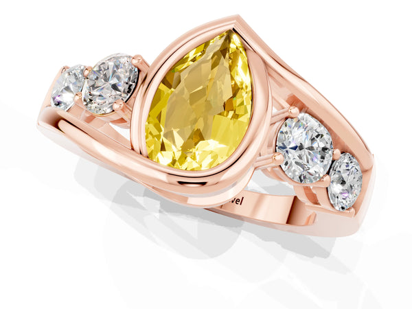 Rose gold Bezel Set Pear Cut Yellow Sapphire Bypass Ring with Round  Accents