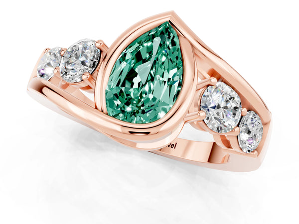 Rose gold Bezel Set Pear Cut Green Sapphire Bypass Ring with Round  Accents