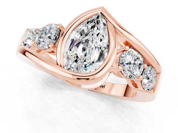 Rose gold Bezel Set Pear Cut Moissanite Bypass Ring with Round  Accents