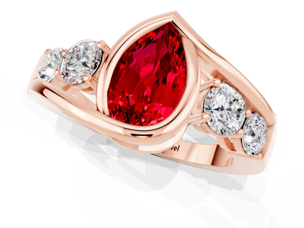 Rose gold Bezel Set Pear Cut Ruby Bypass Ring with Round  Accents